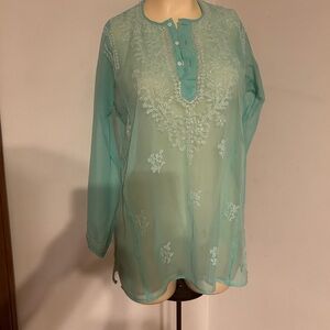 Sheer Aqua Embroidered Women's Top